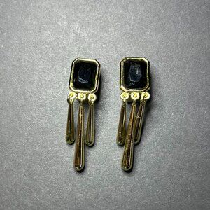 Vintage Jewelmint Gold Tone & Green Black Glass Dangle Drop Clip On Earrings 2"